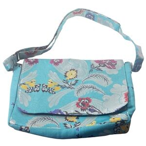 Turquoise Blue Floral Jacquard Messenger Bag Boho Bohemian Garden Botanical